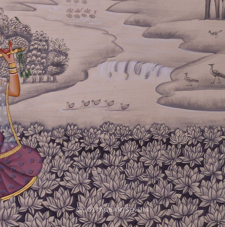Radha Krishna Raas Leela Painting in Lotus Field – Traditional Indian Pichwai