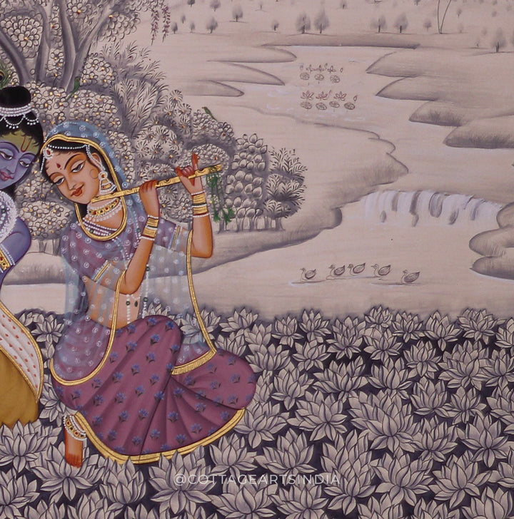 Radha Krishna Raas Leela Painting in Lotus Field – Traditional Indian Pichwai