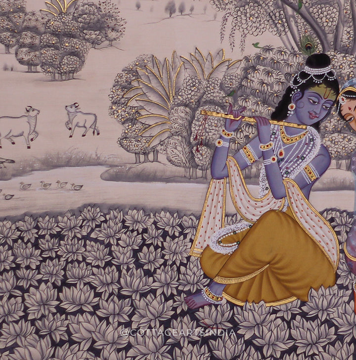 Radha Krishna Raas Leela Painting in Lotus Field – Traditional Indian Pichwai