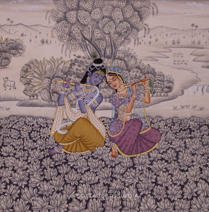 Radha Krishna Raas Leela Painting in Lotus Field – Traditional Indian Pichwai