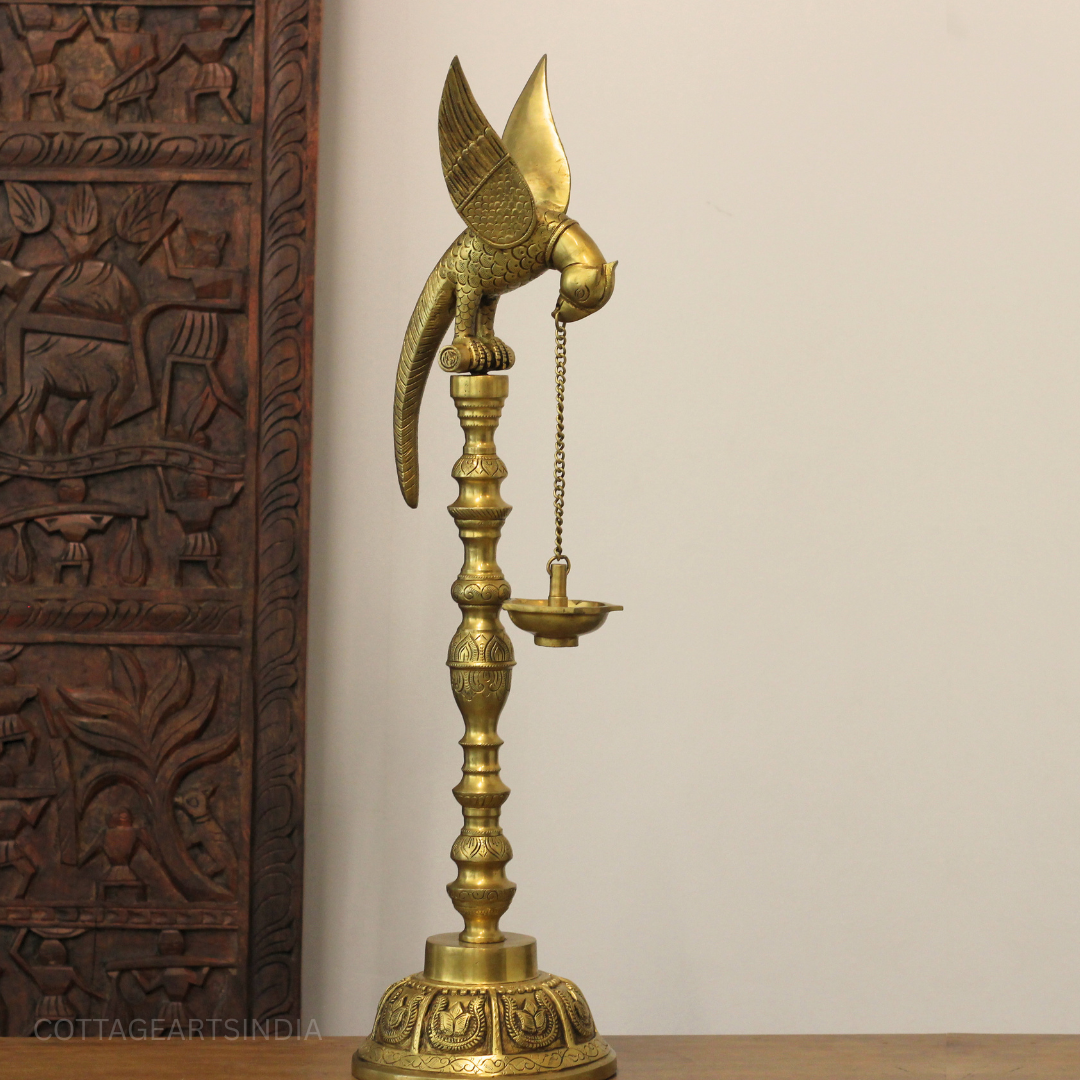 Brass Parrot Oil Lamp | Handcrafted Traditional Hanging Diya Stand
