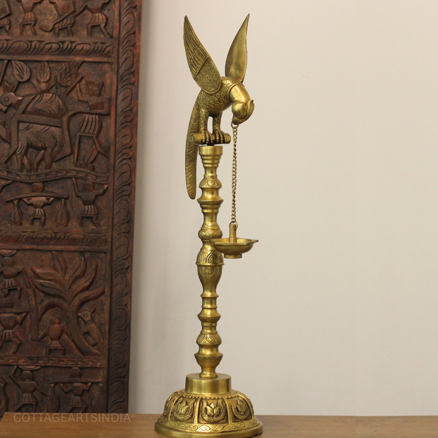 Brass Parrot Oil Lamp | Handcrafted Traditional Hanging Diya Stand
