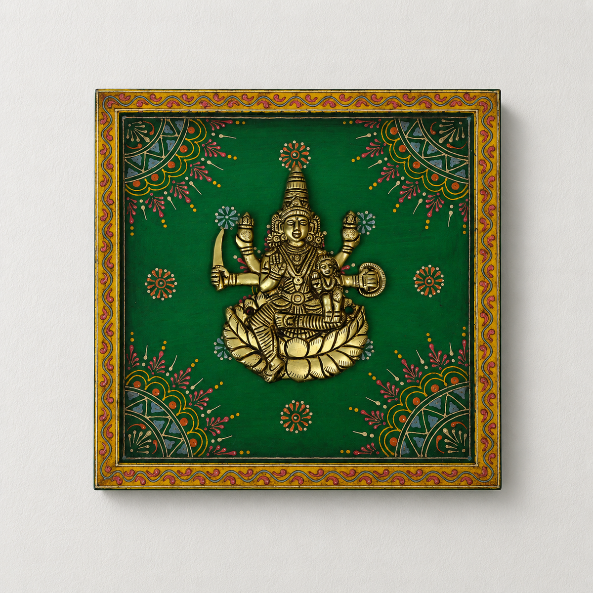 Wooden Handpainted Framed Brass Ashtalakshmi And Lotus -Set of 9