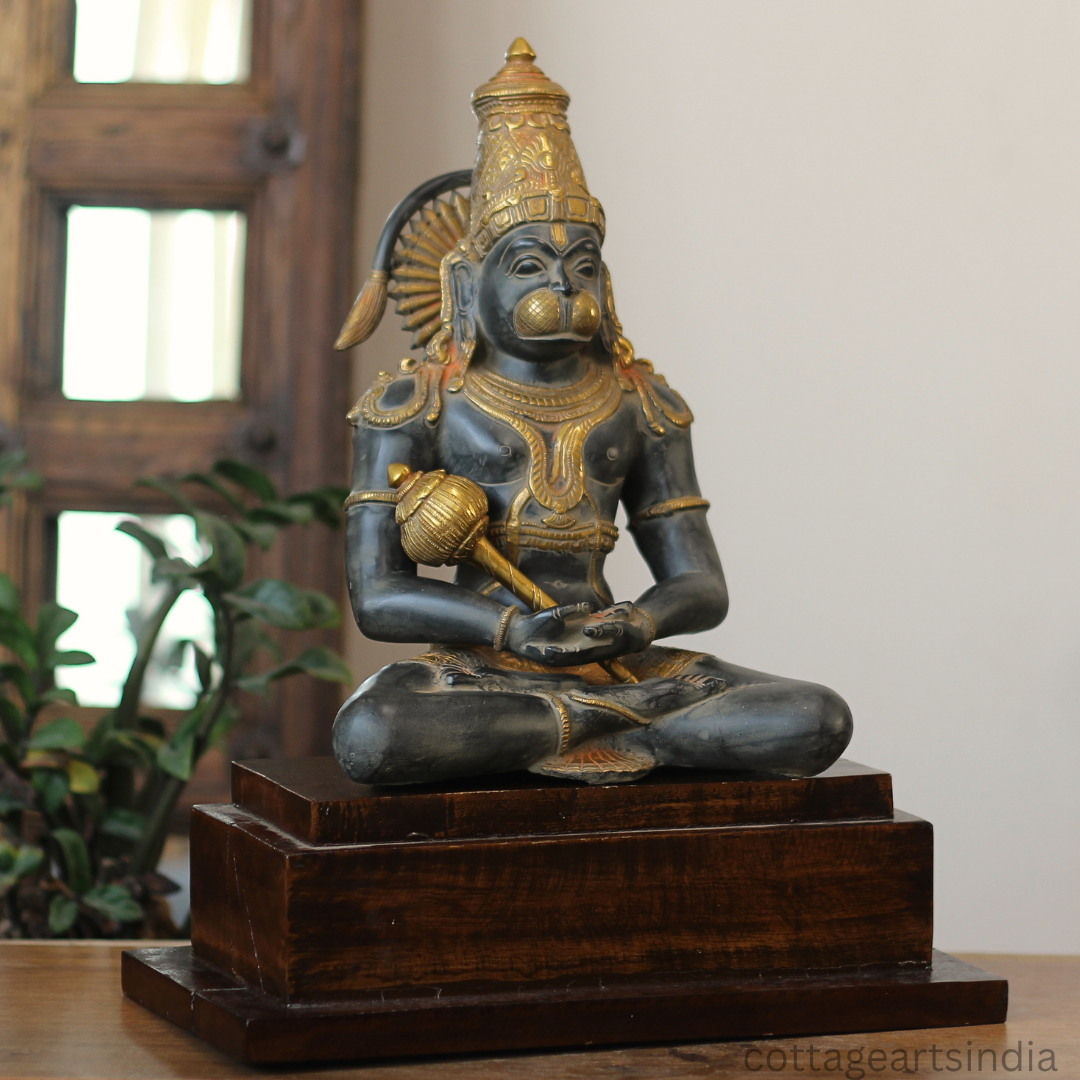 Brass Meditating Hanuman – Matte Black and Antique Gold Finish
