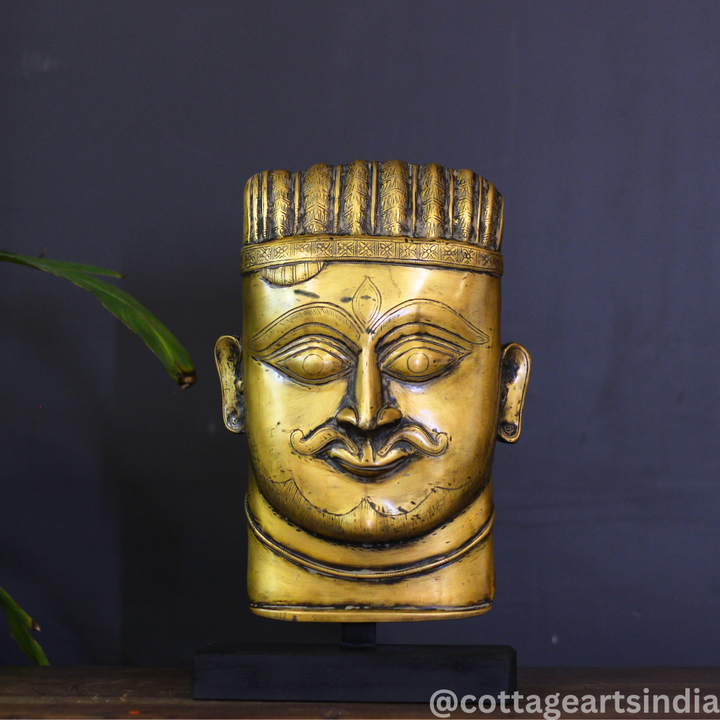 Brass Shiva Mask Vintage Finish on Wooden Stand