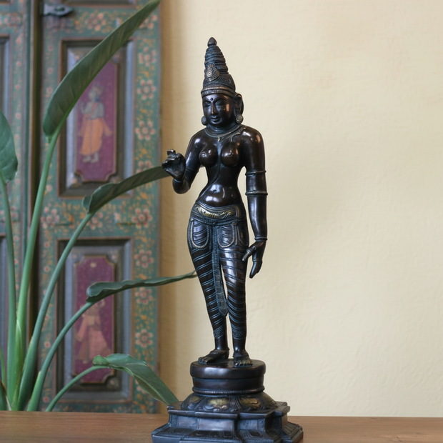 Standing Uma Parvati Brass Sculpture | Chola Style Spiritual Art