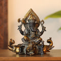 Brass Ganesha on Elephant Throne Brass Statue | Black & Gold Finish Sculpture