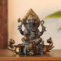 Brass Ganesha on Elephant Throne Brass Statue | Black & Gold Finish Sculpture