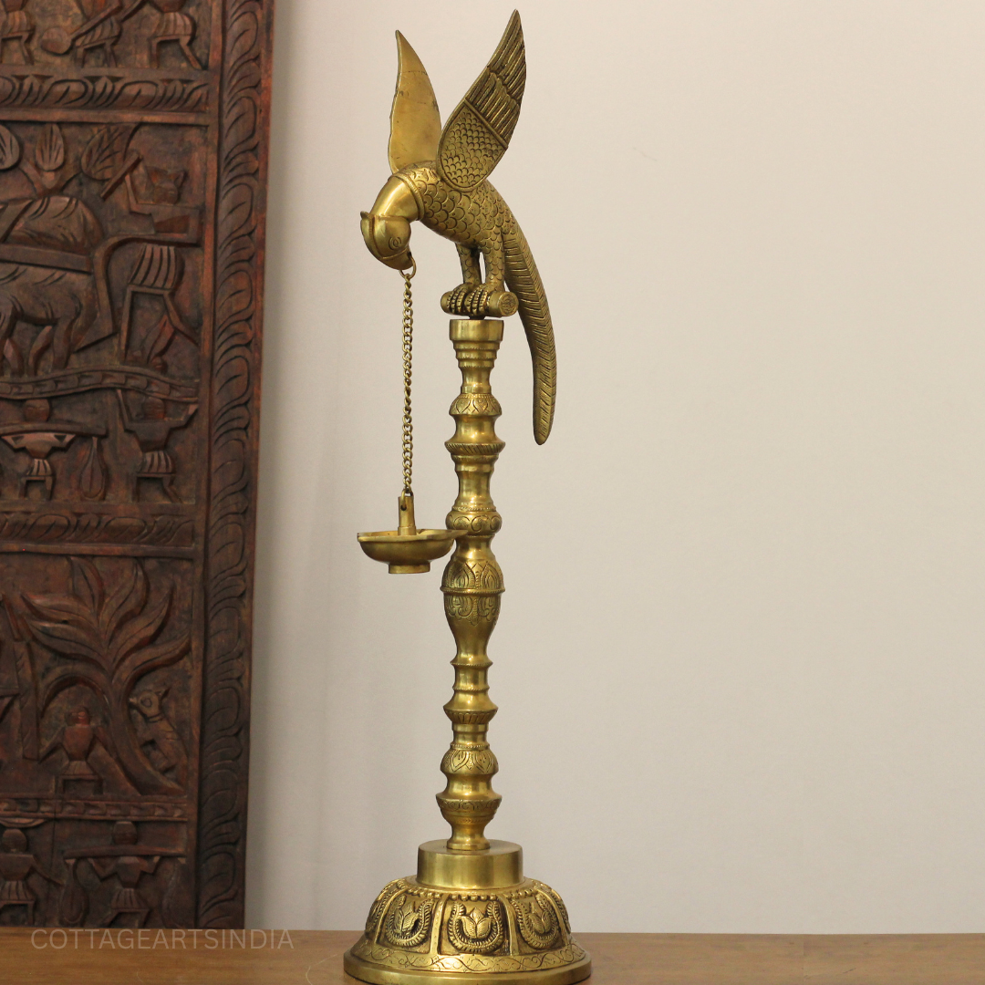 Brass Parrot Oil Lamp | Handcrafted Traditional Hanging Diya Stand