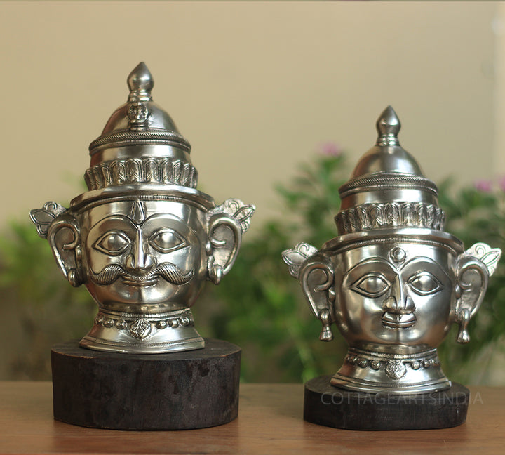 Brass Shiva And Gauri Mukhlingam Mask With Wooden Base