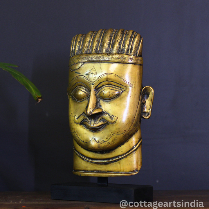 Brass Shiva Mask Vintage Finish on Wooden Stand