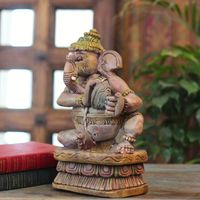 Handcrafted Sitting Wooden Ganesha Playing Manjira