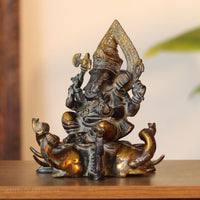 Brass Ganesha on Elephant Throne Brass Statue | Black & Gold Finish Sculpture
