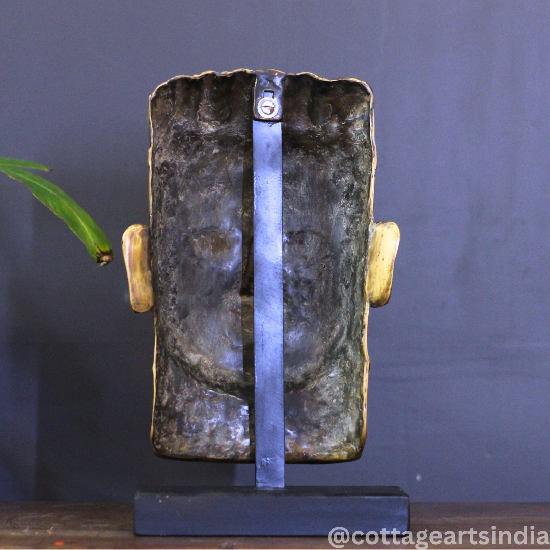 Brass Shiva Mask Vintage Finish on Wooden Stand