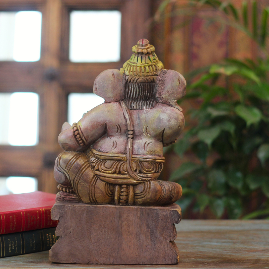 Handcrafted Sitting Wooden Ganesha Playing Manjira