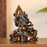 Brass Ganesha on Elephant Throne Brass Statue | Black & Gold Finish Sculpture