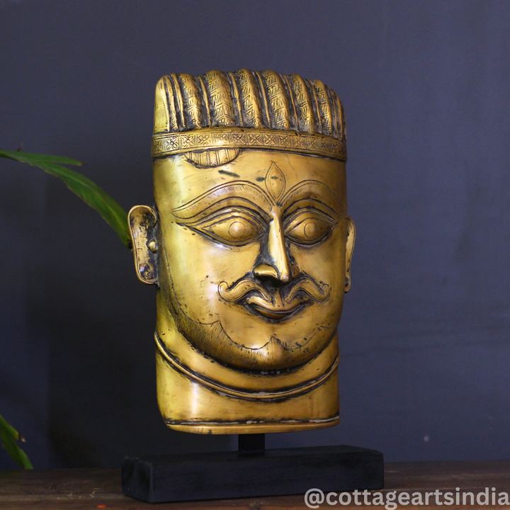 Brass Shiva Mask Vintage Finish on Wooden Stand