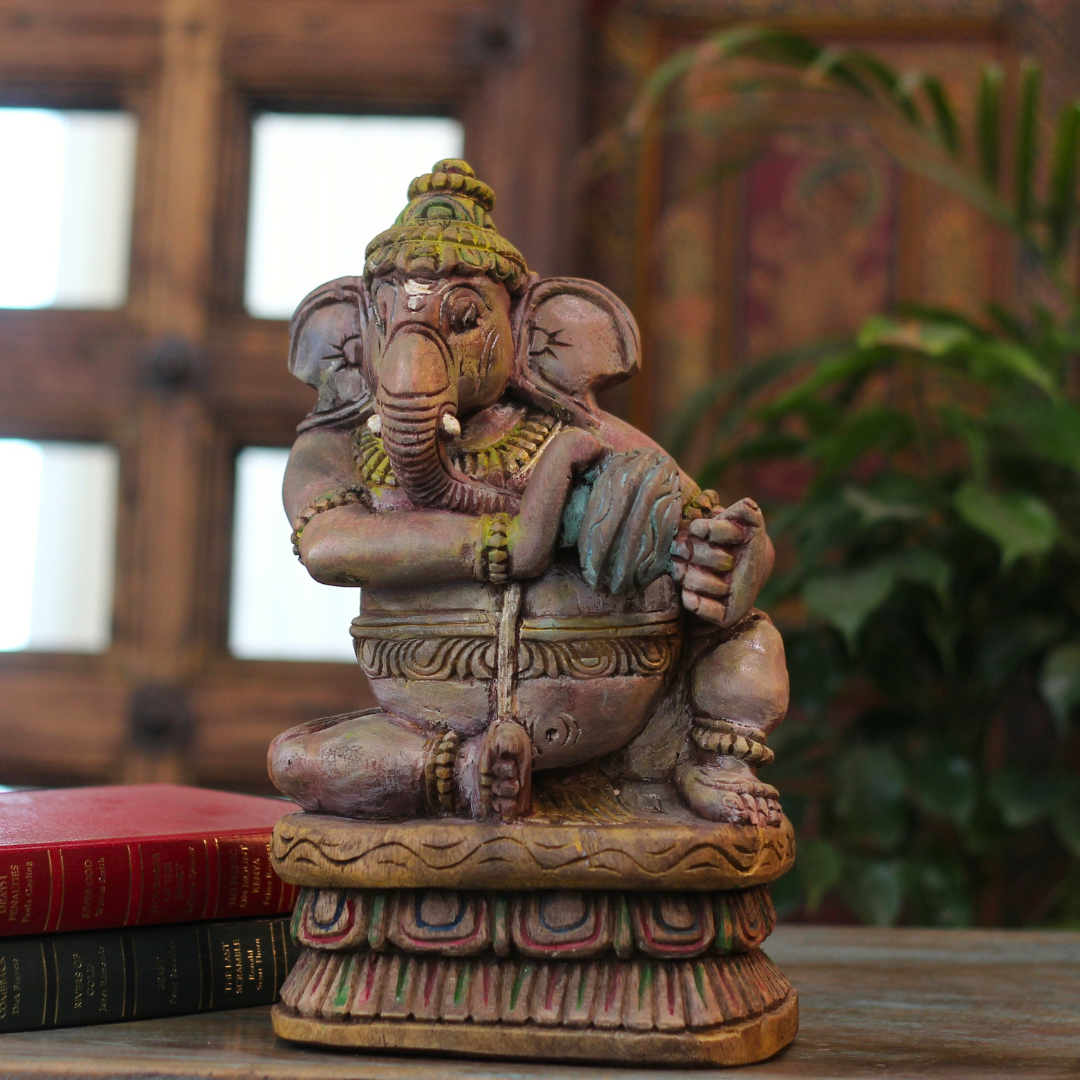Handcrafted Sitting Wooden Ganesha Playing Manjira