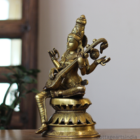 Brass Saraswati on Lotus Stand 13"
