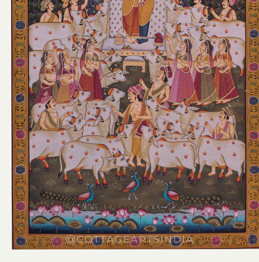 Shrinathji with Swaminiji Amidst Sacred Cows - Devotional Pichwai Painting