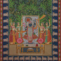 Traditional Pichwai Painting - Shrinathji in Moonlit Vrindavan Forest with Sacred Cow Border