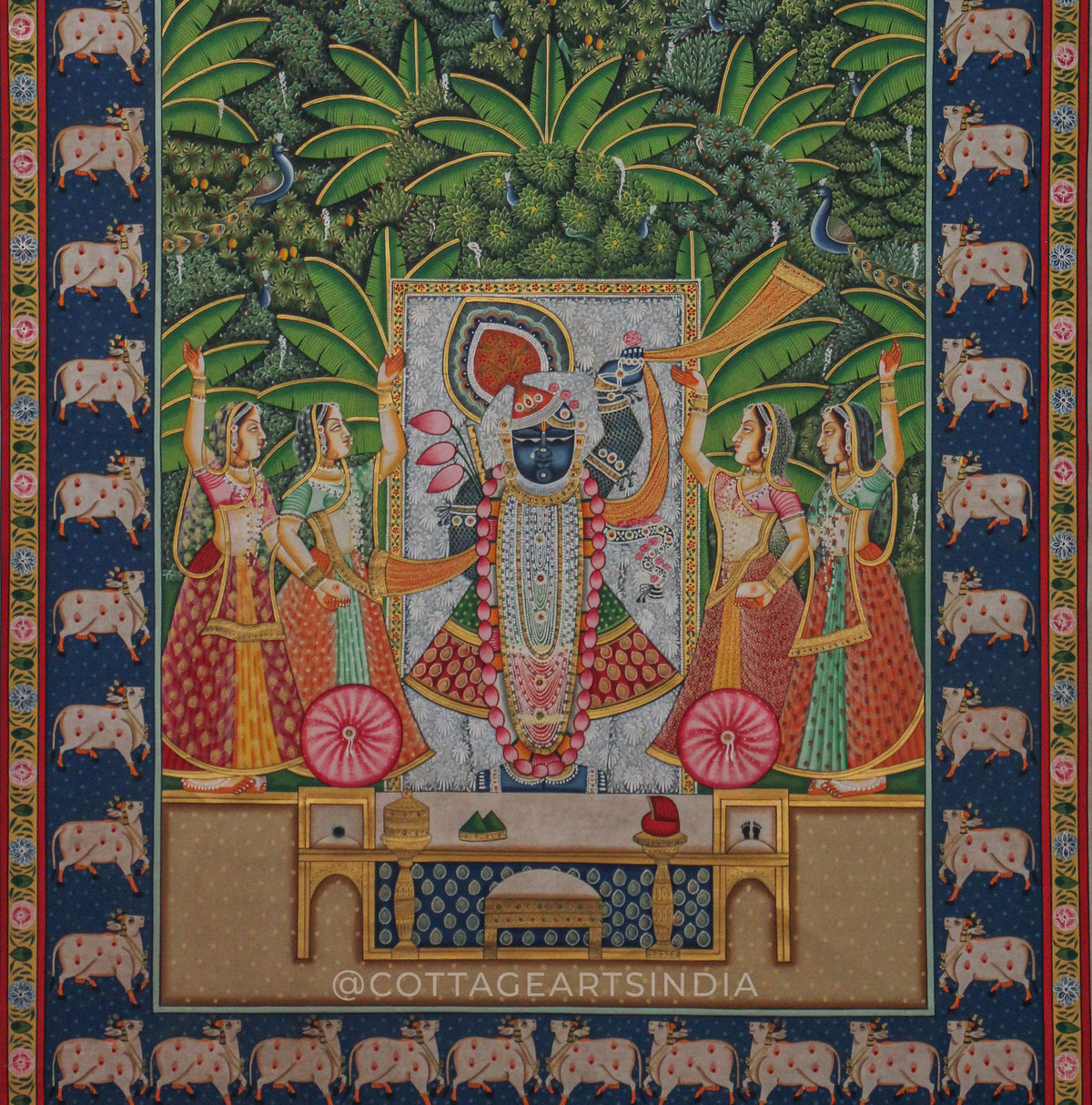 Traditional Pichwai Painting - Shrinathji in Moonlit Vrindavan Forest with Sacred Cow Border