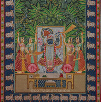 Traditional Pichwai Painting - Shrinathji in Moonlit Vrindavan Forest with Sacred Cow Border
