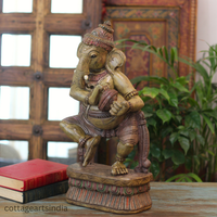 Handcrafted Wooden Ganesha Playing Manjira | Indian Home Decor