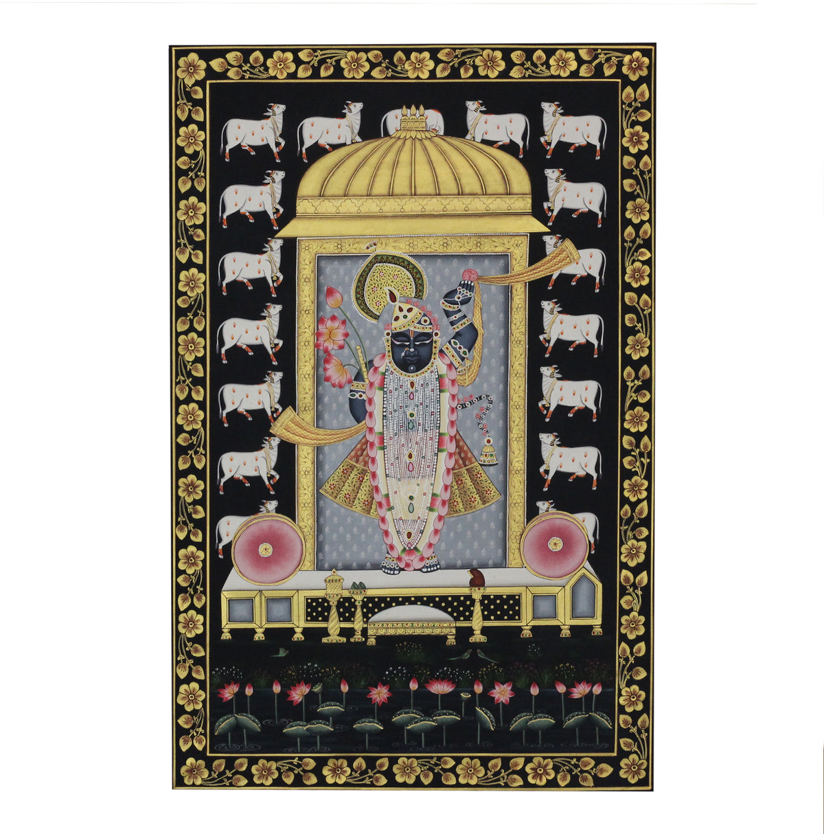Shrinathji with Sacred Cows Pichwai Painting | Handcrafted Gold Foil Art
