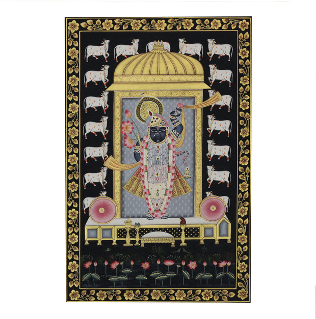 Shrinathji Lotus Pavilion Hand Painted Pichwai Painting | Gold Foil Nathdwara Art