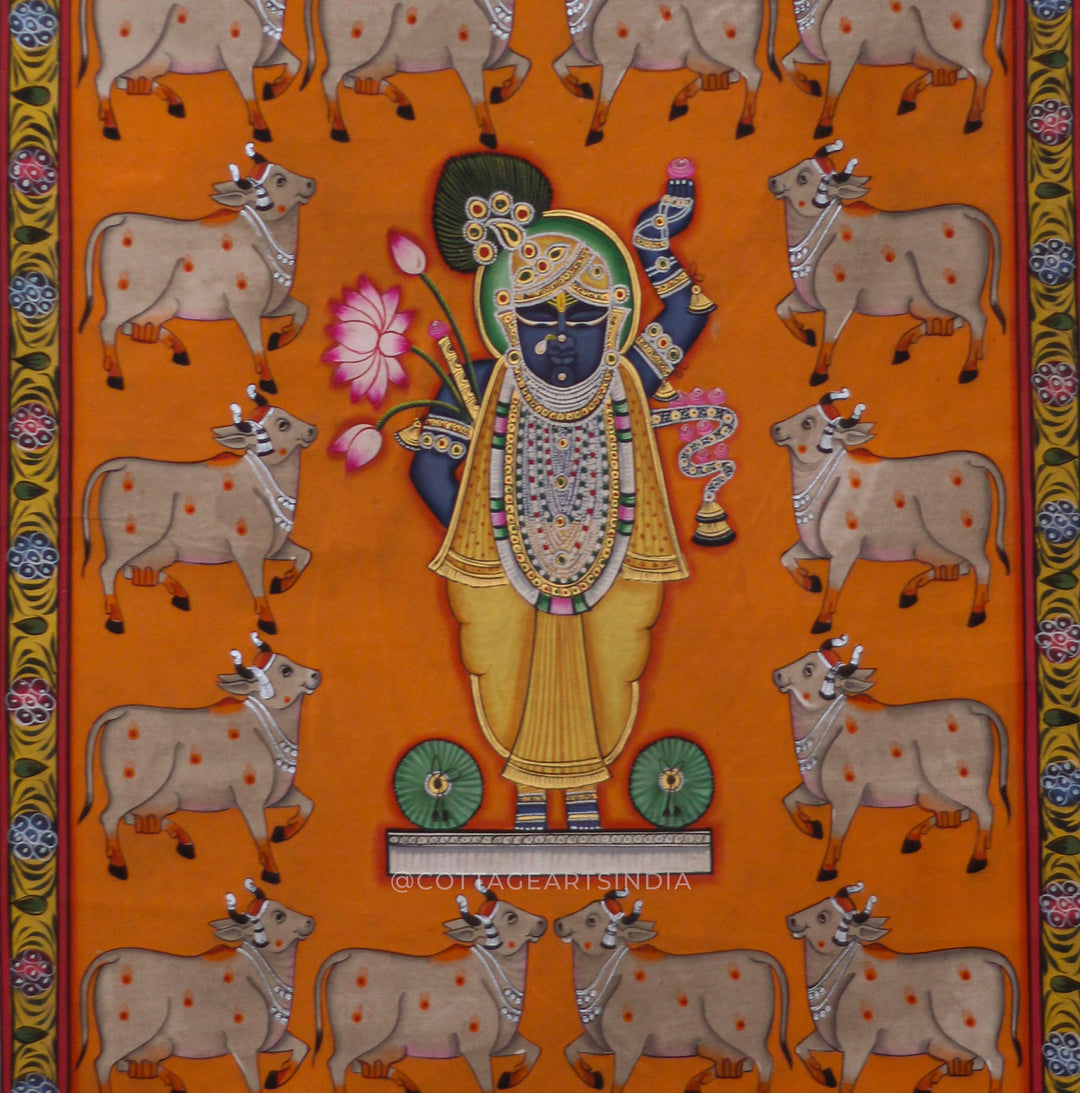 Shrinathji with Sacred Cows on Kesariya Bhumi – Nathdwara Pichwai