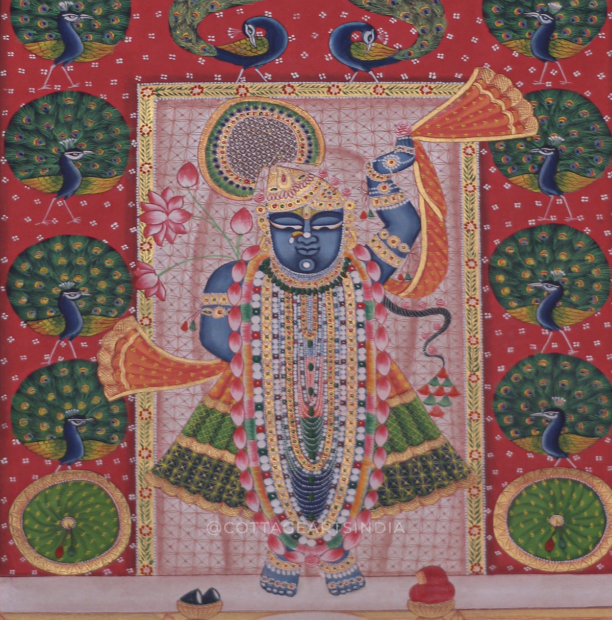 Shrinathji Pichwai Painting with Peacock Motif