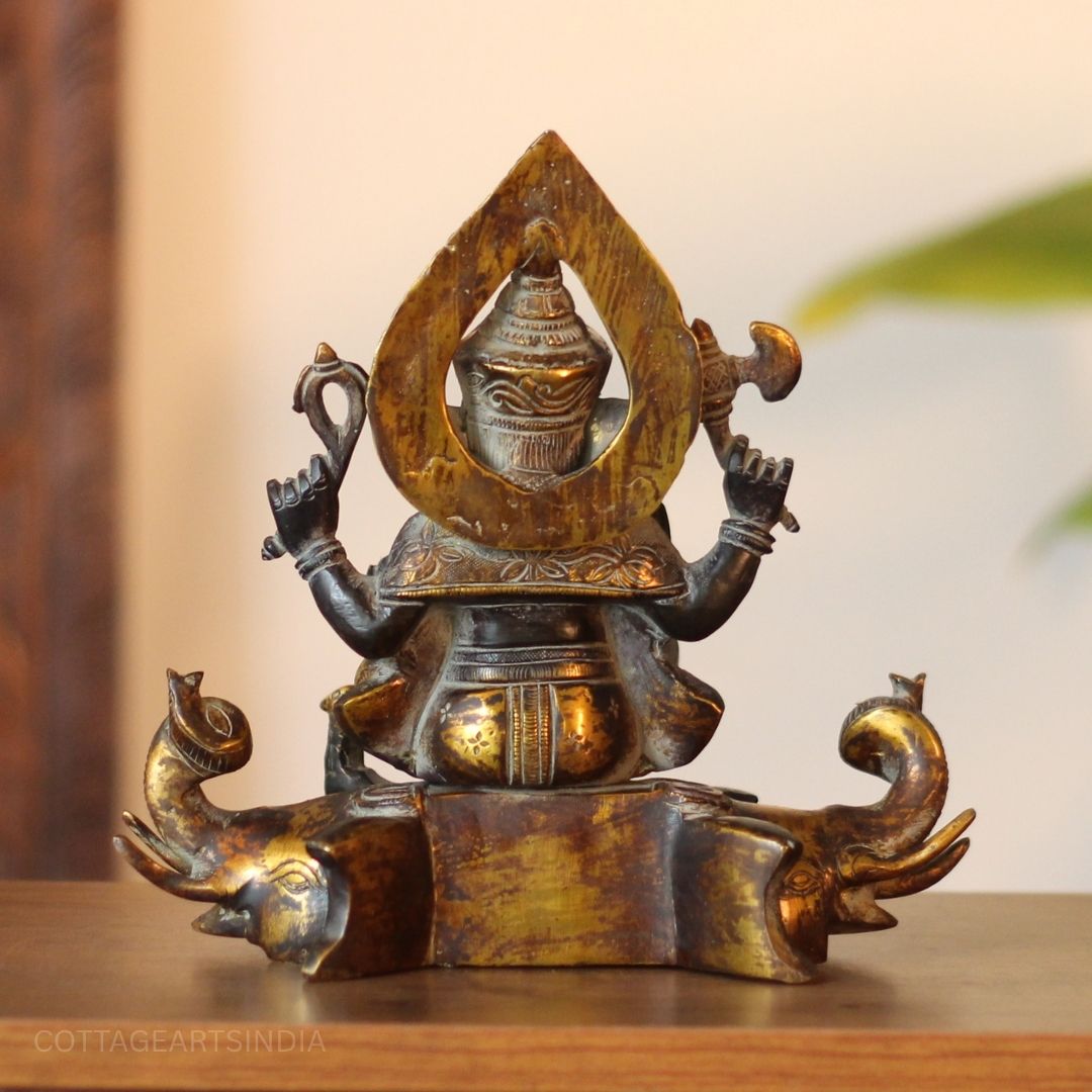 Brass Ganesha on Elephant Throne Brass Statue | Black & Gold Finish Sculpture
