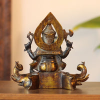 Brass Ganesha on Elephant Throne Brass Statue | Black & Gold Finish Sculpture