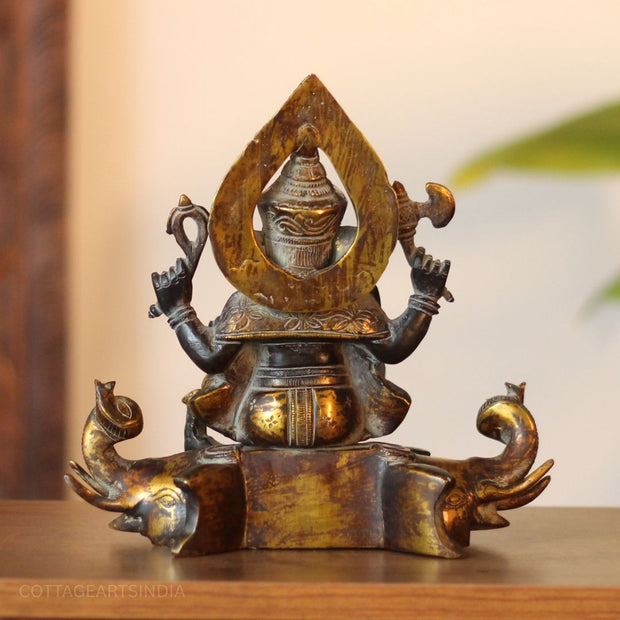 Brass Ganesha on Elephant Throne Brass Statue | Black & Gold Finish Sculpture