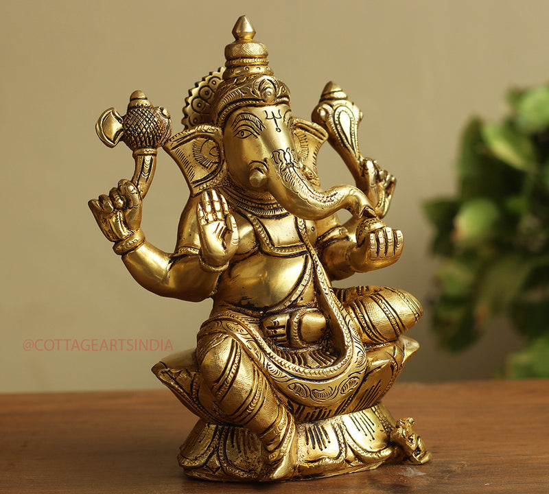 Brass Ganesh Sitting 8 inches on