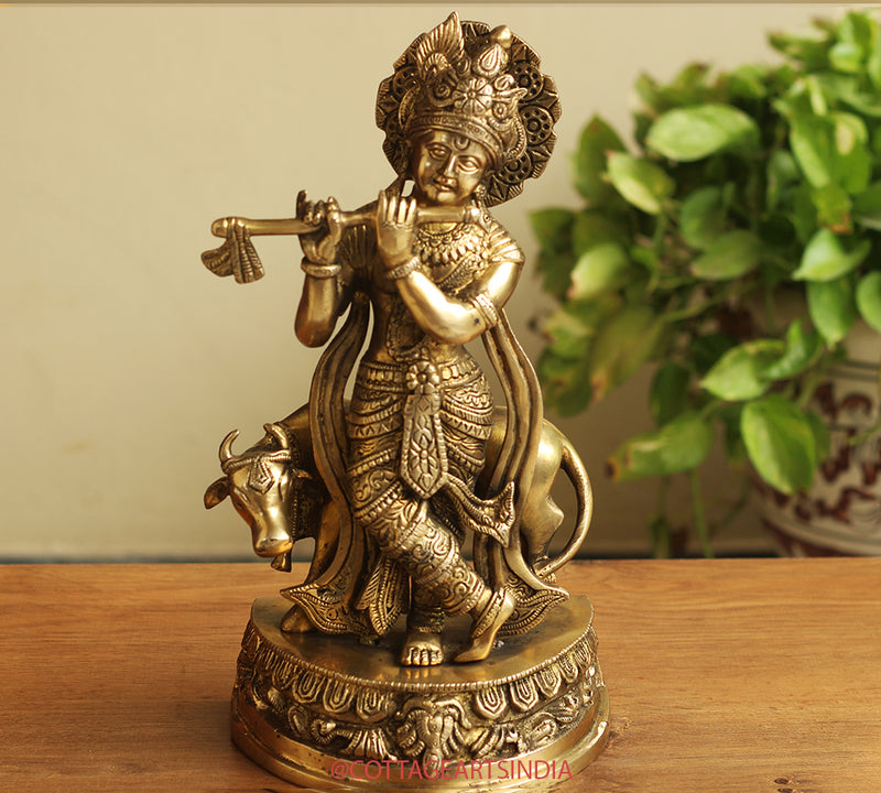 Brass Cow n Krishna 14"