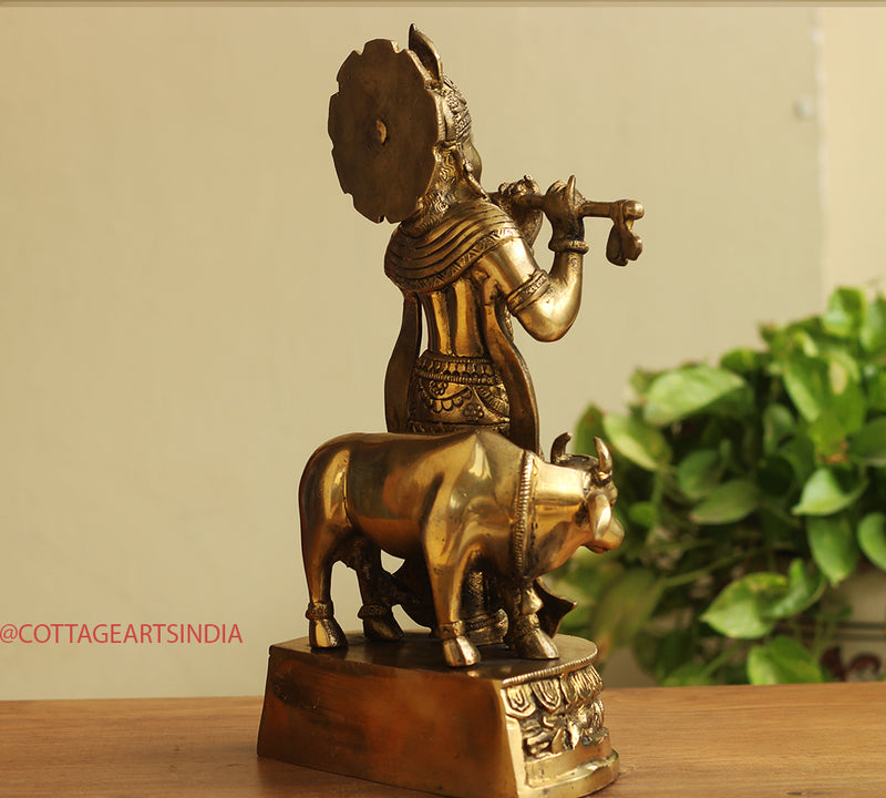 Brass Cow n Krishna 14"