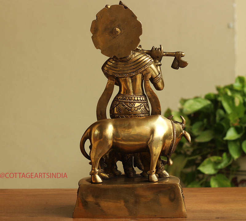 Brass Cow n Krishna 14"