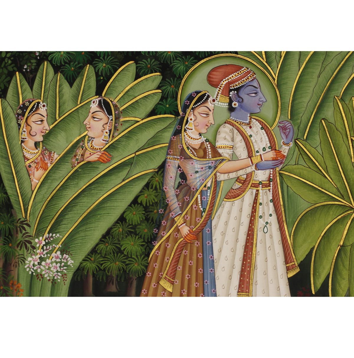Traditional Indian Miniature Painting of Radha Krishna in Palace Garden