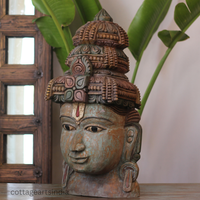 Handcrafted 25" Wooden Lord Vishnu Head Sculpture  – Vintage Antique Finish