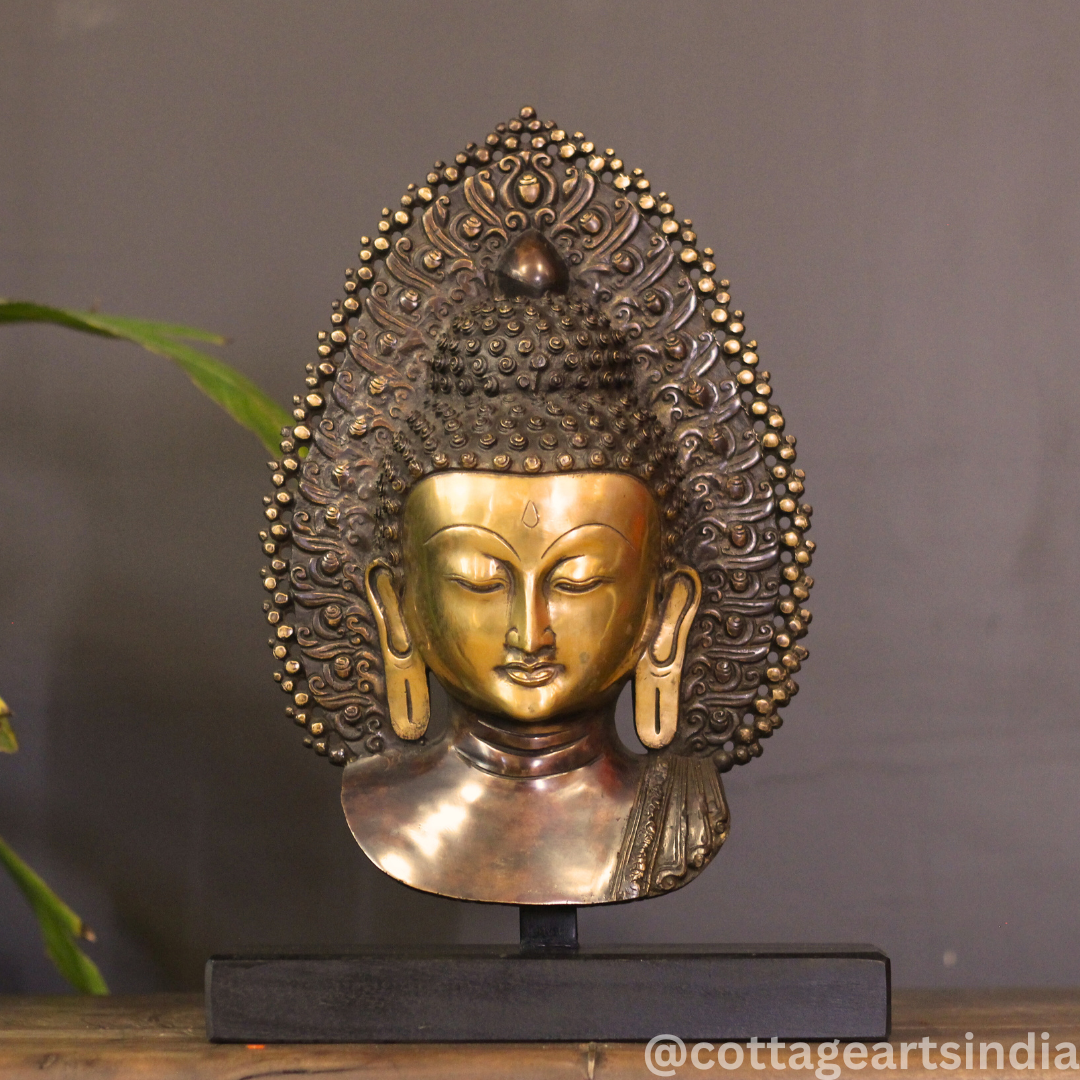 Brass Buddha Face Mask on Wooden Stand