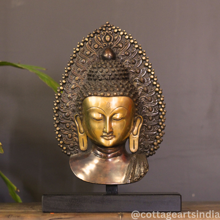 Brass Buddha Face Mask on Wooden Stand