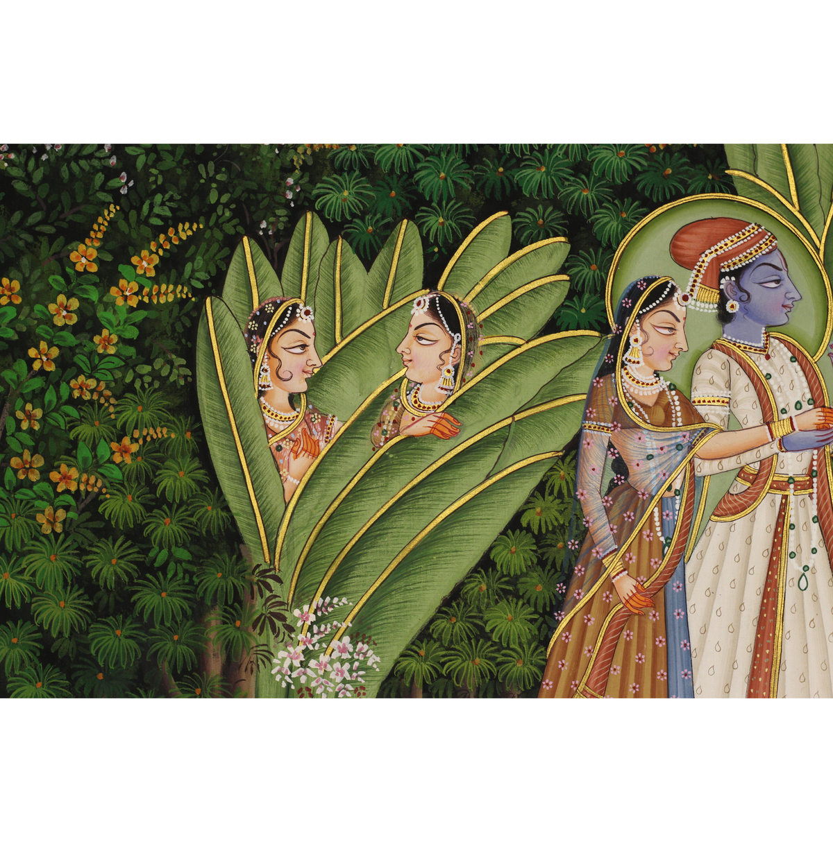 Traditional Indian Miniature Painting of Radha Krishna in Palace Garden