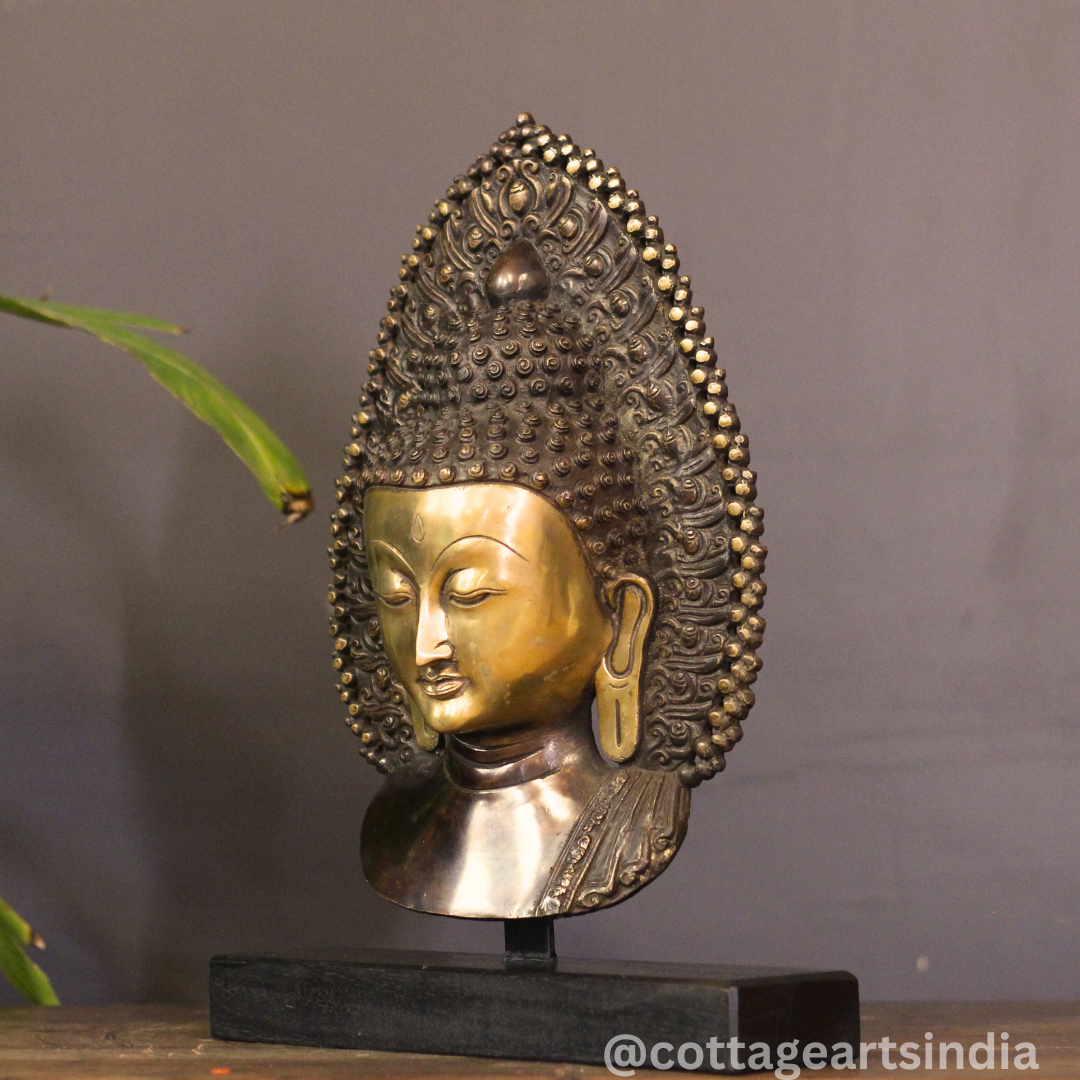 Brass Buddha Face Mask on Wooden Stand