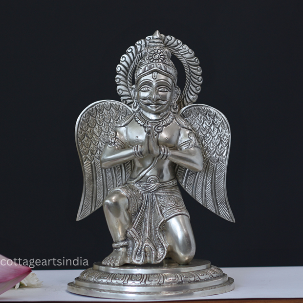 Sitting Brass Garuda in Silver Finish with Folded Hands