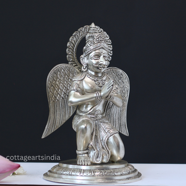 Sitting Brass Garuda in Silver Finish with Folded Hands