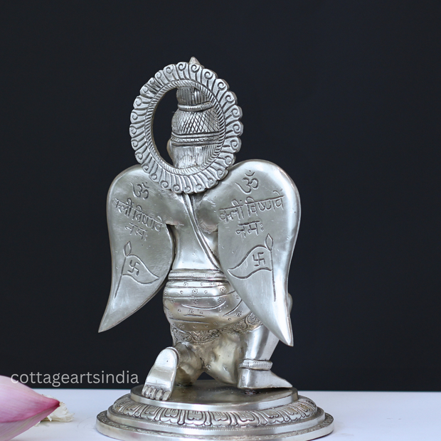 Sitting Brass Garuda in Silver Finish with Folded Hands