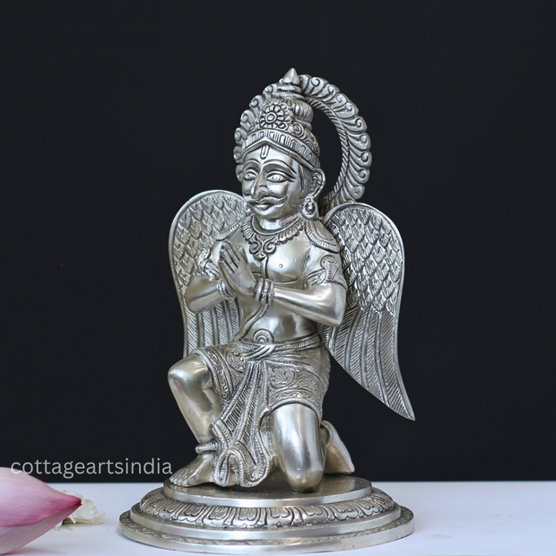 Sitting Brass Garuda in Silver Finish with Folded Hands
