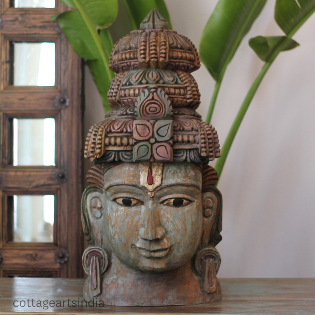 Handcrafted 25" Wooden Lord Vishnu Head Sculpture  – Vintage Antique Finish
